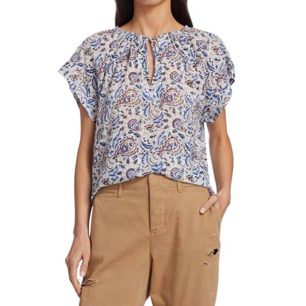 Xirena Top Tessa Cotton‎ Paisley Print Tie Neck Short Sleeve Blouse Size XS